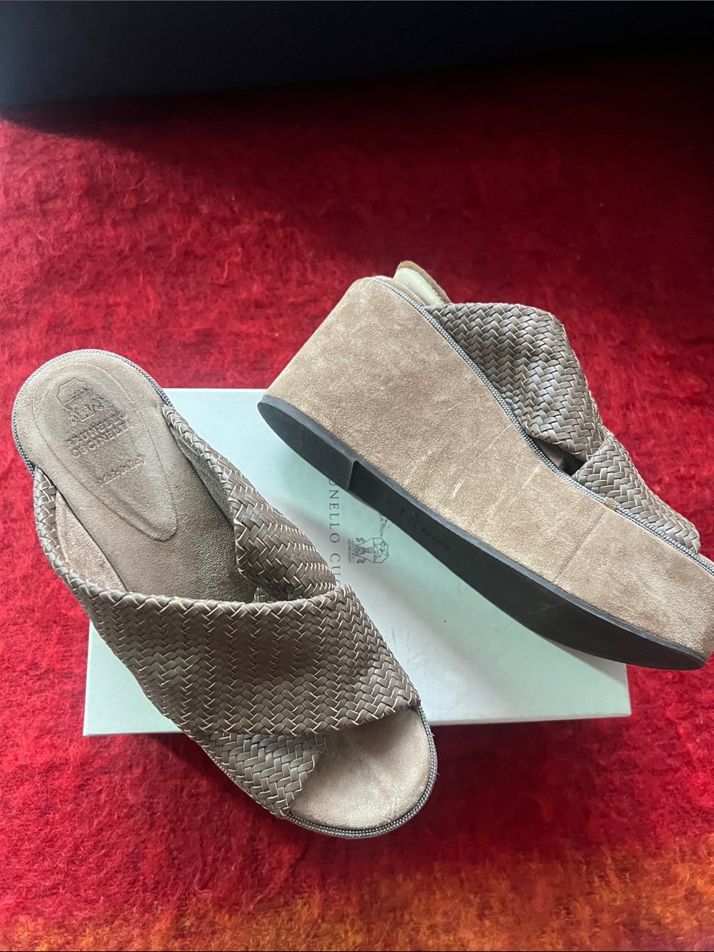 Brunello Cucinelli Woven Suede Slide Mules in Taupe